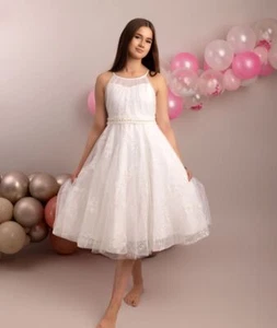 Vestido de tul floral con escote halter marfil para bodas y ocasiones formales para niñas - Imagen 1 de 7