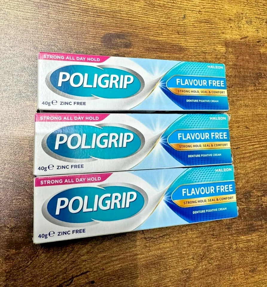 3 x Poligrip Zinc Free | Flavour Free | Denture Fixative Cream | 40g