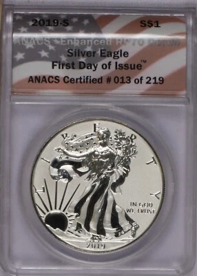 2019-S Silver Eagle $1 9First Day of Issue ANACS Enhanced Reverse Proof 70 DCAM - Image 1 of 2