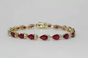 5Ct Pear Lab Created Ruby&Diamond 14K Yellow Gold Plated Tennis Bracelet Women's - Picture 1 of 6