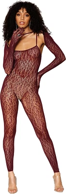Dreamgirl Leopardo Red BodyStocking Juego de Encogerse de hombros a juego, Talla Única Borgoña Foto 1 de 2