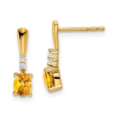 14k Yellow Gold Oval Citrine and Diamond Drop & Dangle Earrings for Women 0.95g - Image 1 of 2