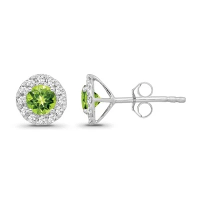 Natural Diamond & Peridot Sterling Silver Halo Stud Earrings for Women - Image 1 of 4