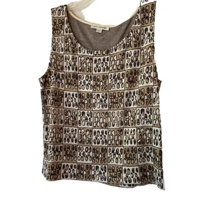 St John Women's Tan & White Deep Neckline Sleeveless Cotton Knit Blend Top SZ LG - Picture 1 of 10