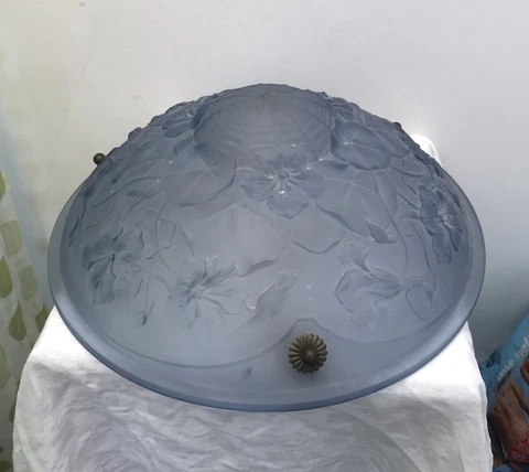 Antique French Glass Art Deco Chandelier Dome Ceiling Light Blue Floral Frosted Cover