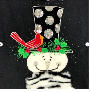 Berek Christmas Sweater Snowman Cardinal Black White Fur Zebra Sequin Sz Small - Picture 1 of 7