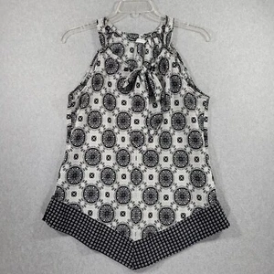 New York & Company Womens Blouse Tank Tie Neck Geometric Black Grey White L - Picture 1 of 9