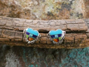Heart Stud Multi Color Gemstone Opal Southwestern Sterling Silver Earrings AH66 - Picture 1 of 7