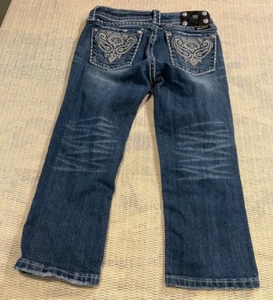 Miss Me Jeans GIRLS 14 Blue Capri Rhinestone Bling JK5123P5 Y2K Whiskered Denim - Picture 1 of 9