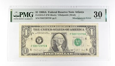 PMG 30 VF $1 1988A FRN Atlanta Fr#1915-F Misalignment Error *3185 - Image 1 of 3