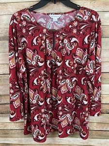 Liz Claiborne Damen 2X Juwel Schlüsselloch Paisley Print 3/4 Ärmel Bluse Top - Bild 1 von 6