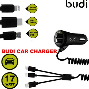 Budi 2 USB Caricabatteria Presa Auto con 3 in 1 Cavo di Ricarica Micro Tipo C e 8 Pin UK - Foto 1 di 6