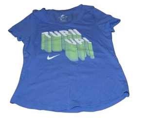 Nike Girls Large Graphic T-Shirt Short Sleeve Athletic Blue 'Turn Up' Tee - Picture 1 of 2