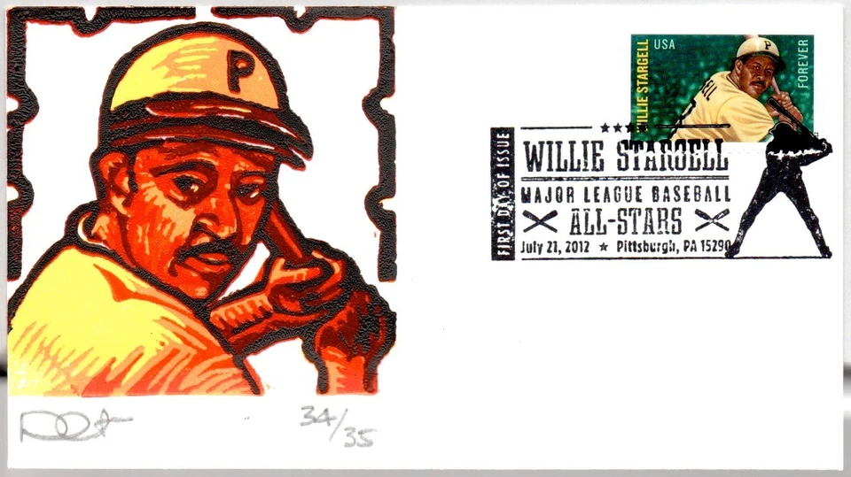 #4696 WILLIE STARGELL BASEBALL ALL-STAR, CURTIS BLOCK PRINT ARTWORK FDC - Image 1 of 1