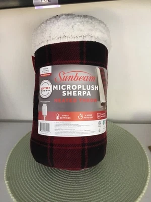 Heated Blanket Throw Sunbeam Microplush Reverse Sherpa 4 Heat Settings 50” x 60” - Image 1 of 4
