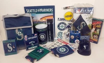 Seattle Mariners Fan Gift Lot Flag Magnet Helmet Decal Pencil Cup Coozie Buttons - Image 1 of 4