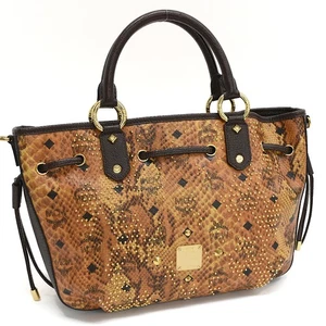 MCM Visetos Python Pattern by Embossing Studs Hand Bag Canvas T00V - Picture 1 of 9