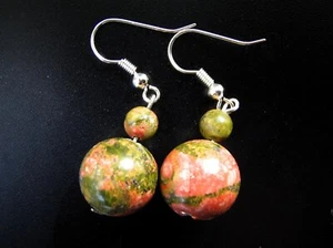 Schöne Ohrringe aus Edelsteinen Unakite in Kugelform  925er Silber Ohrhaken - Picture 1 of 2