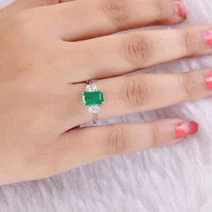 2.54 TCW Natural SI/H Diamond Zambian Emerald Three Stone Ring 14k White Gold - Picture 1 of 8