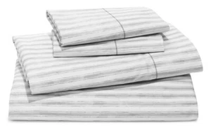 Sky Watercolor Stripe Cotton Percale Queen Sheet Set 4pc Grey New - Picture 1 of 5
