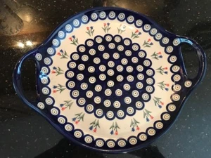 POLISH POTTERY BOLESLAWIEC ROUND TRAY WITH HANDLES - NEW - Picture 1 of 3