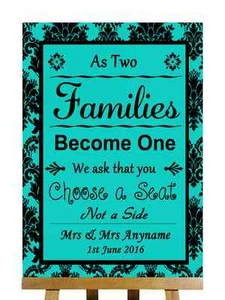 Turquoise Black Damask Pick A Seat Not A Side Personalised Wedding Sign - Picture 1 of 8