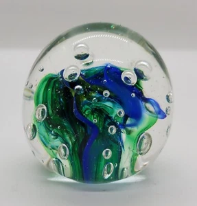 Vintage Blue Green Paperweight Bubble Swirl Art Glass Murano Style 2” signed - Picture 1 of 12