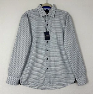Silver Stone Men Shirt Button Up Flip Sleeve Geometric Off White Blue Size L NWT - Picture 1 of 17