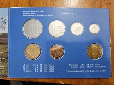 Netherlands 1991 Mint Set 7 Coins, 5+10+25 Cent 1+2+5 Gulden Coincard (#20072) - Image 1 of 4