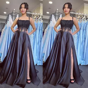 Black Gothic Prom Evening Dresses with Slit Satin Spaghetti Straps Party Gowns - Picture 1 of 10