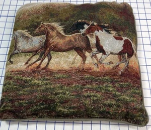 Vintage Horse Throw Pillow Mustang Run USA C. Cummings Home Tapestry 14X14 - Picture 1 of 6