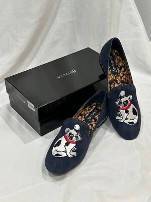 BOUTIQUE 9 Brand Navy Velvet Loafers w/Embroidered French Bulldogs  sz 9 M - Image 1 of 4