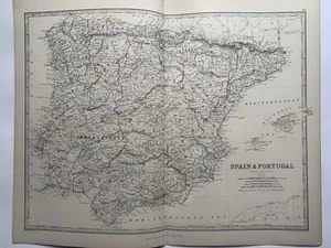 1868 Spain & Portugal Hand Coloured Original Antique Map by Johnston - Picture 1 of 3