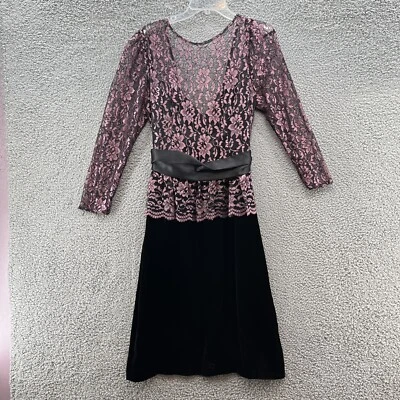 Vestido Gunne Sax De Colección Años 80 90 Para Mujer 13 Rosa Encaje Negro Terciopelo Baile de graduación Lazo Espalda Abierta Foto 1 de 4