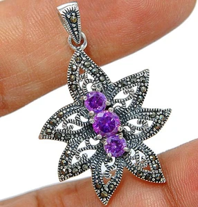 Amethyst & Swiss Marcasite 925 Solid Sterling Silver Pendant QB3-6 - Picture 1 of 1