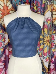 Vintage Cotton Blue w White Ditsy Dots Festival Hippy Halter Top Updated Pattern - Picture 1 of 4