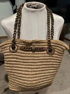 Kurt Geiger Lodon Chelsea Rafia Tote Tan Straw Shoulder Bag Purse - Picture 1 of 10