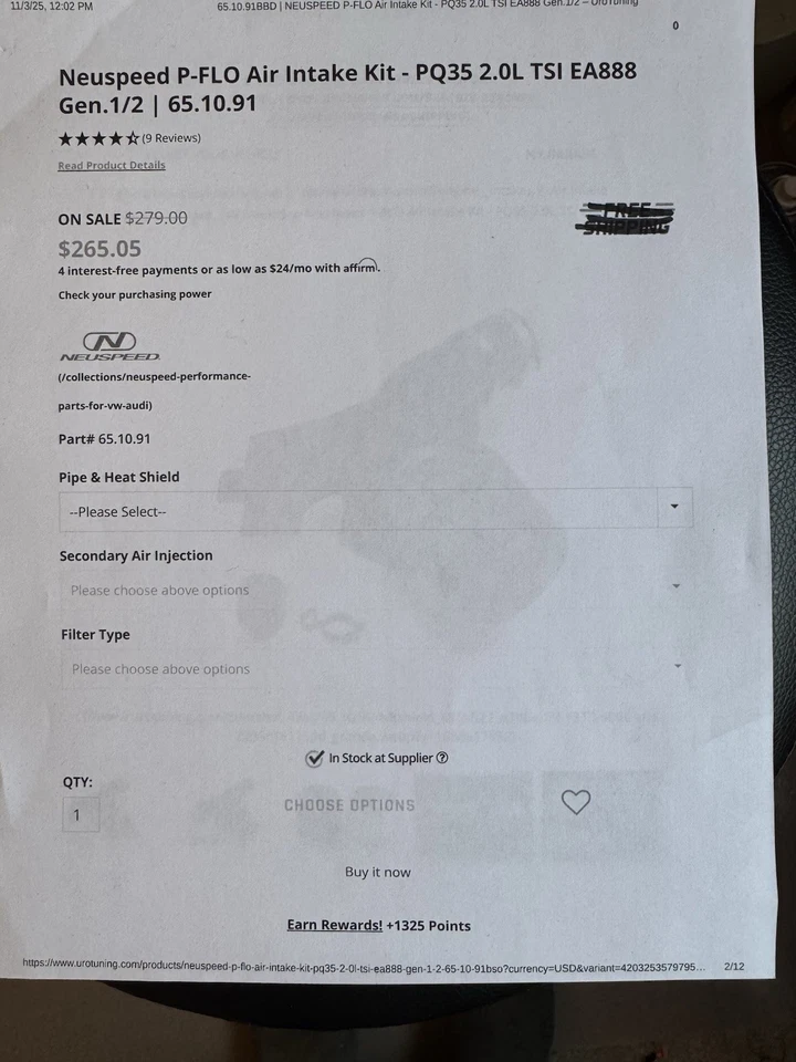 Neuspeed P-FLO Air Intake kit PQ35.2.0L Gen.1/2 65.10.91 Foto 1 de 4