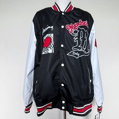 Members Only Keith Haring Bomber Jacket Mens Size Large 80s Pop Art Black White - Image 1 of 4