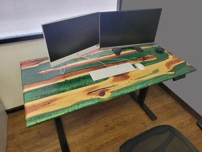 Green Epoxy Resin Desk, Wooden Live Edge Epoxy Table Top Furniture - Image 1 of 4