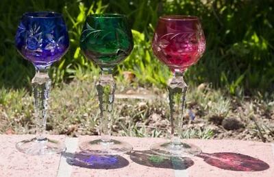 3 Etched Ajka Multicolor Cut To Clear Crystal Stemed Glasses 5 1/4” - Image 1 of 4
