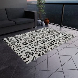 Black and White Abstract Graphic Outdoor Patio Rug, Boho Deck Decor, Porch Decor - Picture 1 of 17