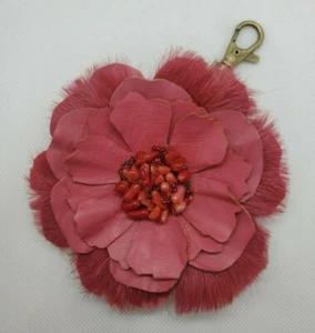 Handmade Leather Fur Flower Key Chain Coral Natural Stones Gems Pink Rouge  - Picture 1 of 3