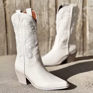 NUEVAS Botas Blancas Vaquero Occidental Bordadas Puntera Puntera Puntera Puntera Bloque Tacón Media Pantorrilla - Imagen 1 de 12