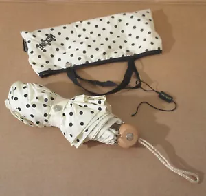 Vtg Moschino Italy Wood Handle Retractable Umbrella Storage Bag Polka Dots Cream - Picture 1 of 6