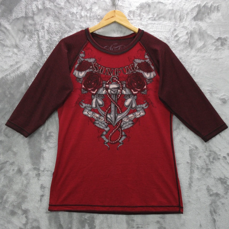 Sinful by Affliction Shirt Women's Large Red Roses Heart Anchor Grunge - Image 1 of 4