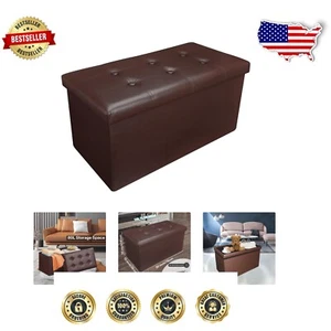 Compact Leather Folding Ottoman Bench - 15" H Footstool with 80 Liters Storage - Picture 1 of 9