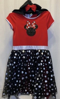 Disney Minnie Mouse Niñas XL (14-16) Rojo Negro Plata Lentejuelas Tutú Vestido con Capucha Foto 1 de 4