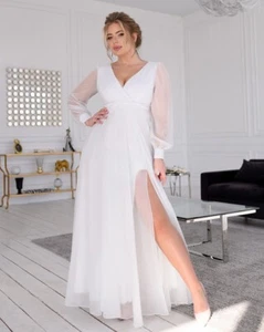 Romantic Bride: Elegant White Maxi Dress with Empire Waist and Sheer Sleeves - Picture 1 of 6