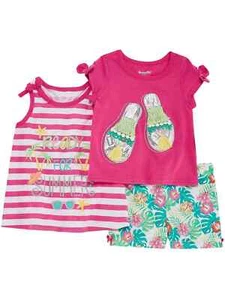 Toddler Girls Pink Ready For Summer Outfit Sandal T-Shirt Floral Shorts & Dress - Picture 1 of 1